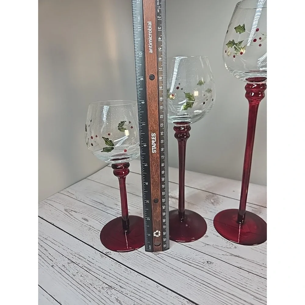 PFALTZGRAFF Set of 5 Hurricane Red Stem Candle‎ Votive Holders WINTERBERRY